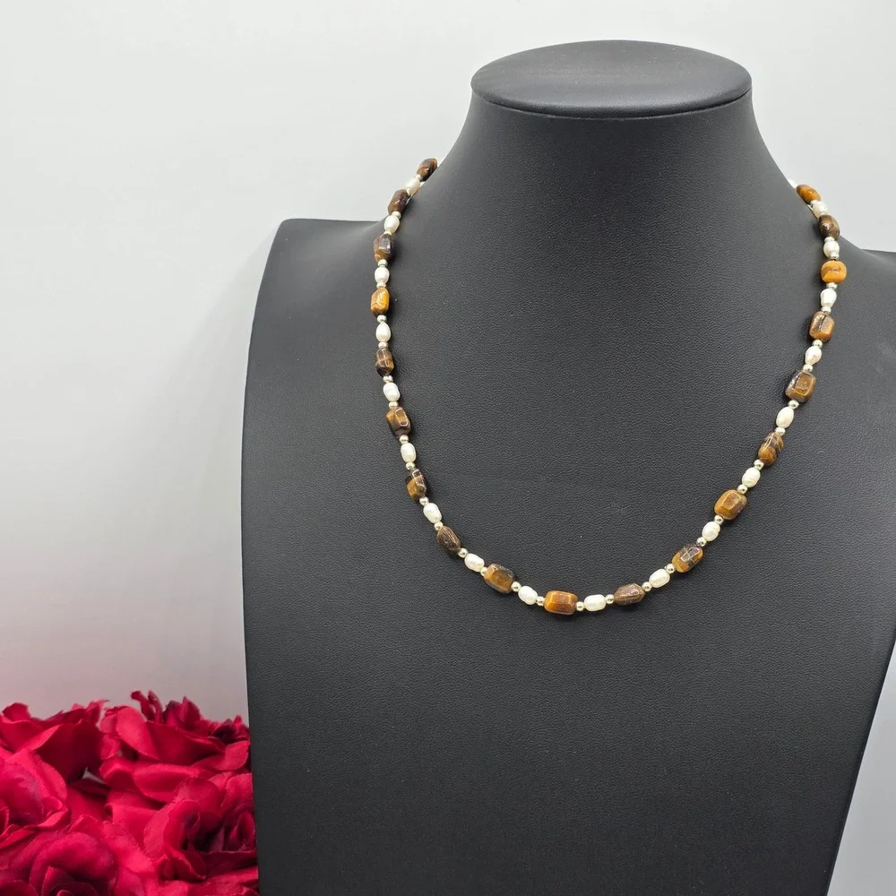 Tigers Eye Freshwater Pearl Beaded Necklace Brown Gold White 18.5 Inch Boho